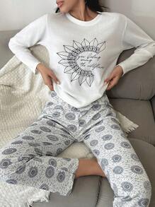 RueChic Floral And Slogan Graphic White Top & Pants PJ Set - White - View 1