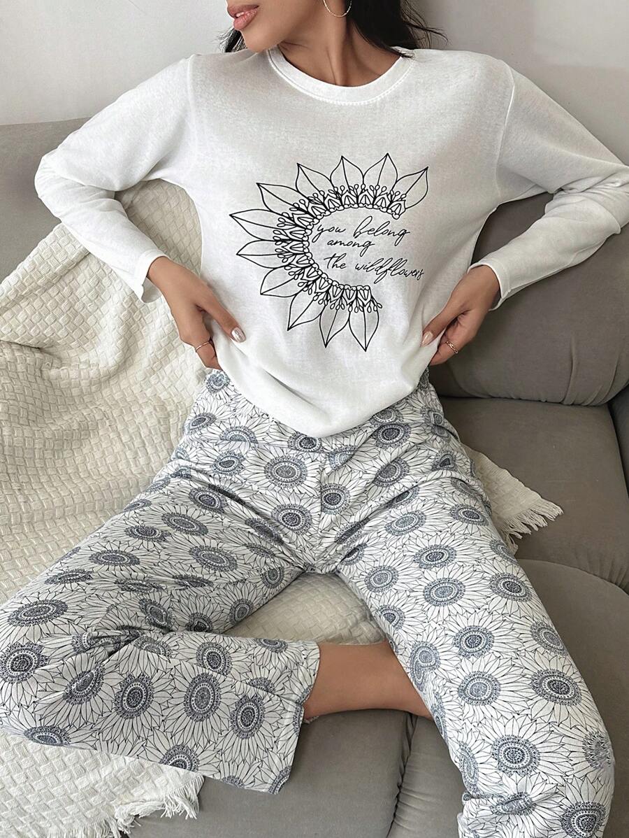 RueChic Floral And Slogan Graphic White Top & Pants PJ Set - White - View 1