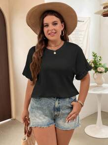 SHEIN Clasi Hơn Chất rắn tay áo lá sen Áo thun - màu đen - Xem 3