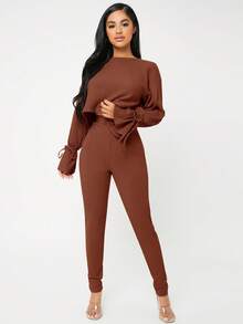 SHEIN SXY Solid Knot Cuff Tee & Leggings - Coffee Brown - View 5