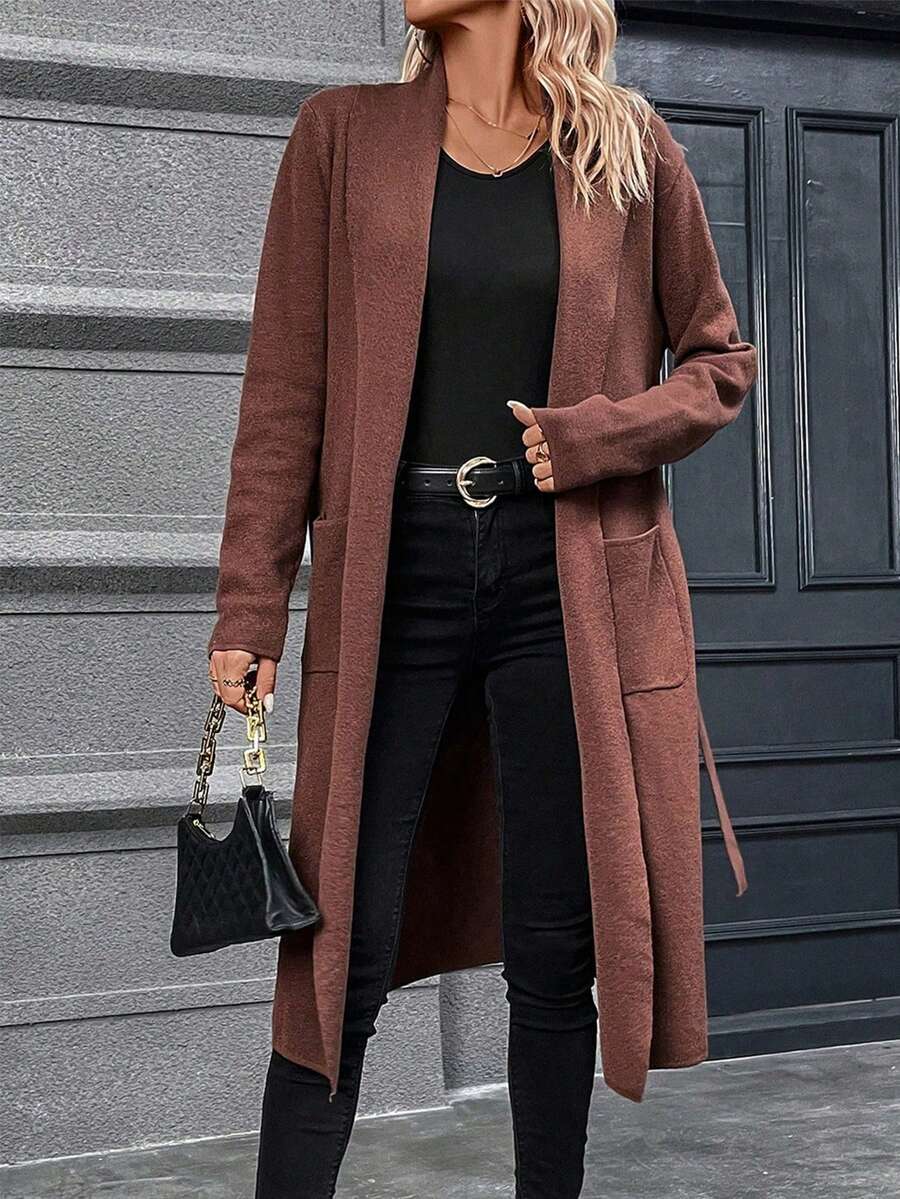 SHEIN Essnce Dual Pocket Open Front Belted Cardigan - Brown - View 1