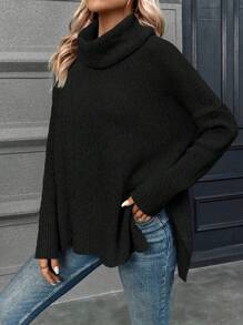 SHEIN LUNE Jersey cuello alto de manga murciélago bajo con abertura