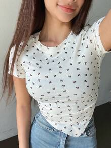 DAZY Allover Cherry Print Ruched Side Asymmetrical Hem Tee Floral - White - View 4