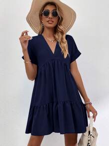 SHEIN LUNE Roll Up Sleeve Ruffle Hem Smock Dress