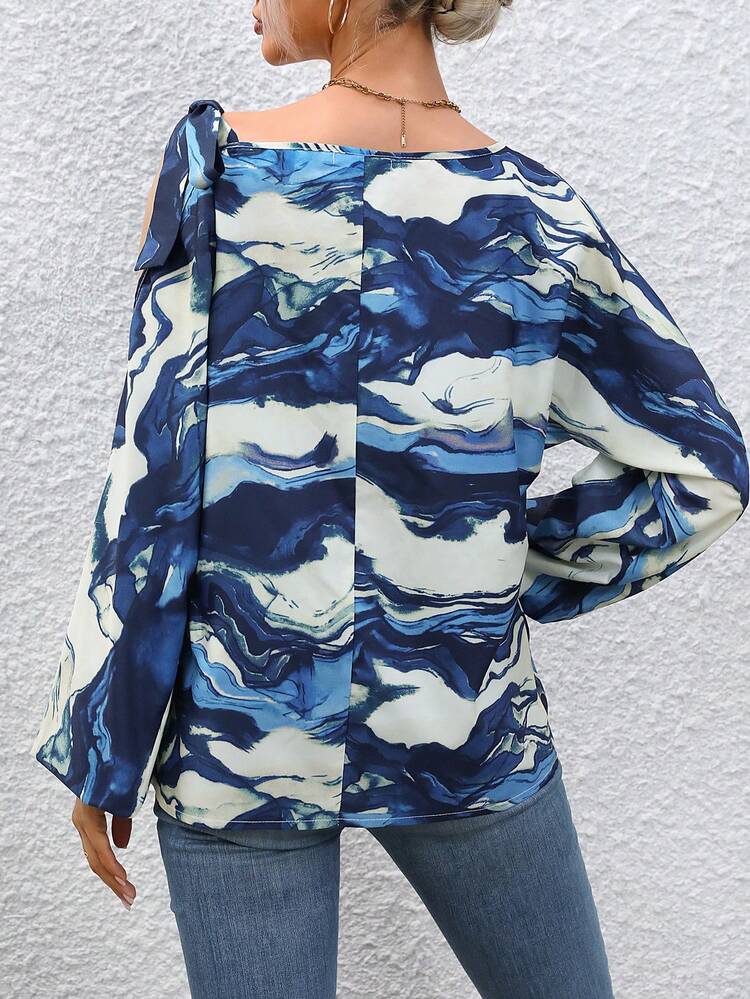 Allover Print Knot Detail Asymmetrical Neck Lantern Sleeve Blouse