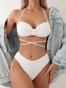 Bộ bikini dây chéo trơn trơn - trắng - Xem 5