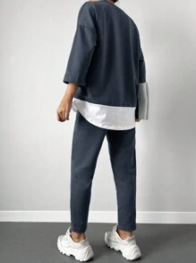 EURMUSE 90% Cotton Drop Shoulder 2 In 1 Tee & Seam Detail Sweatpants - Navy Blue - View 2