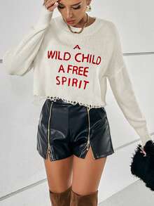 SHEIN Essnce 標語圖案落肩仿舊毛衣 - 白色 - 查看 6