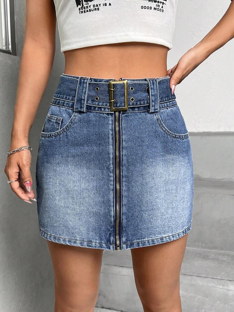 Zip Up Belted Denim Skirt