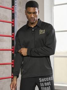 Gym Rark Boyfriend Style Men Slogan Graphic Polo Neck Sports Polo Shirt Workout Tops Golf Shirt - Black - View 6