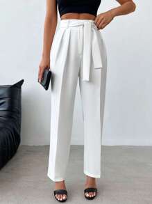 EURMUSE High Waist Plicated Detail Belted Pants - White - View 3