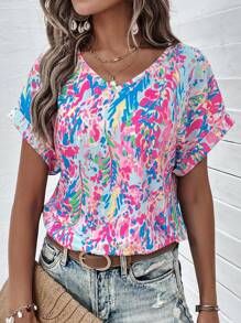 SHEIN LUNE Allover Print Batwing Sleeve Tee - Blue - View 3