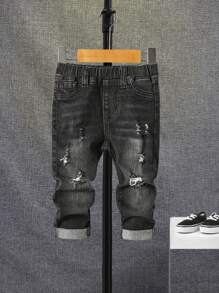 SHEIN Baby Boy Ripped Frayed Bleach Wash Jeans - Black - View 1
