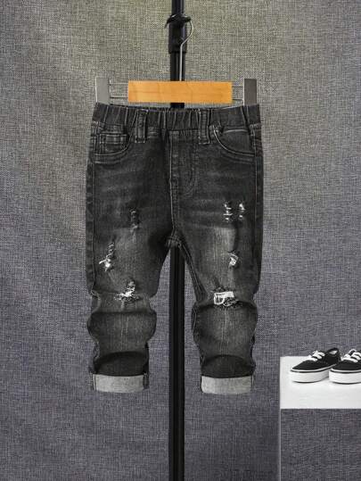 SHEIN Bebis Pojke Slitna Sliten Blekt Tvättad Jeans