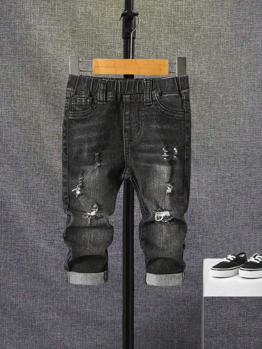 SHEIN Baby Boy Ripped Frayed Bleach Wash Jeans - Black - View 1