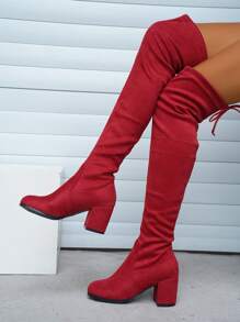 Ladies' Fashionable Over The Knee Tight Boots With Chunky Heel - Red - View 3