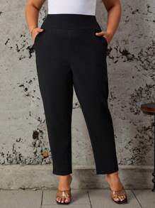 SHEIN LUNE Plus Size Women High Waist Pockets Tapered Casual Pants, Versatile