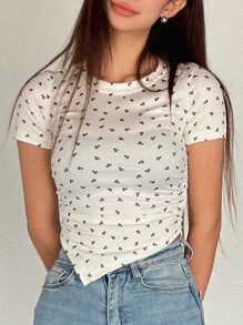 DAZY Allover Cherry Print Ruched Side Asymmetrical Hem Tee Floral - White - View 8