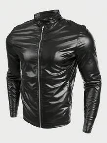 Manfinity VCAY Loose Men's Zip-Up Long Sleeve Casual PU Leather Jacket - Black - View 3