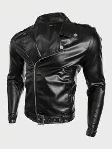 Manfinity VCAY 宽松男士 PU 皮革拉链扣带腰带摩托车夹克 - 黑色 - 查看 3