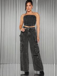 Denimoi Seam Detail Denim Tube Crop Top - Black - View 8