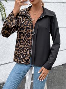 SHEIN LUNE Leopard Print Zip Up Blouse - Black - View 3