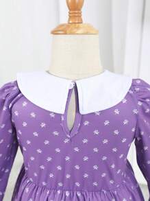 SHEIN Young Girl Allover Print Contrast Collar Dress - Mauve Purple - View 6