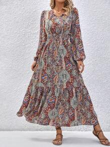 SHEIN VCAY Vestido con estampado de paisley de manga farol bajo con fruncido - Amarillo - Ver 1