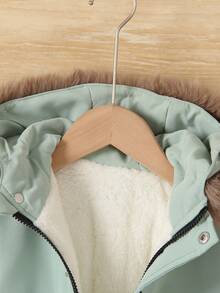 SHEIN 男小童毛茸邊毛絨內襯連帽外套無毛衣 - 綠色 - 查看 4