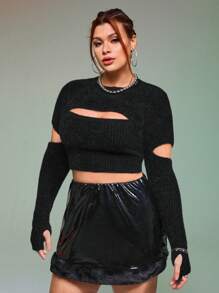 SHEIN ICON 大碼鏤空絨毛針織短款毛衣 - 黑色 - 查看 1