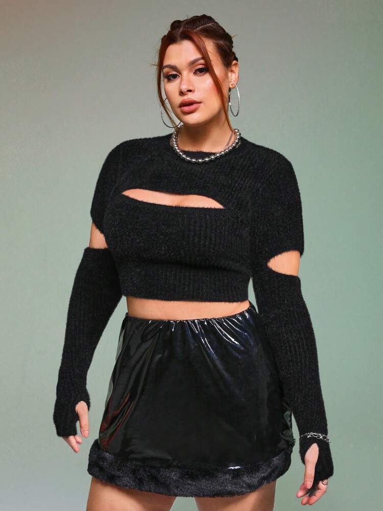 Plus Cut Out Fluffy Knit Crop Sweater