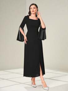 Modelyn Rochie cu mâneci despicate cu mărgele cu perle decolteu pătrat - Negru - Vizualizare 6