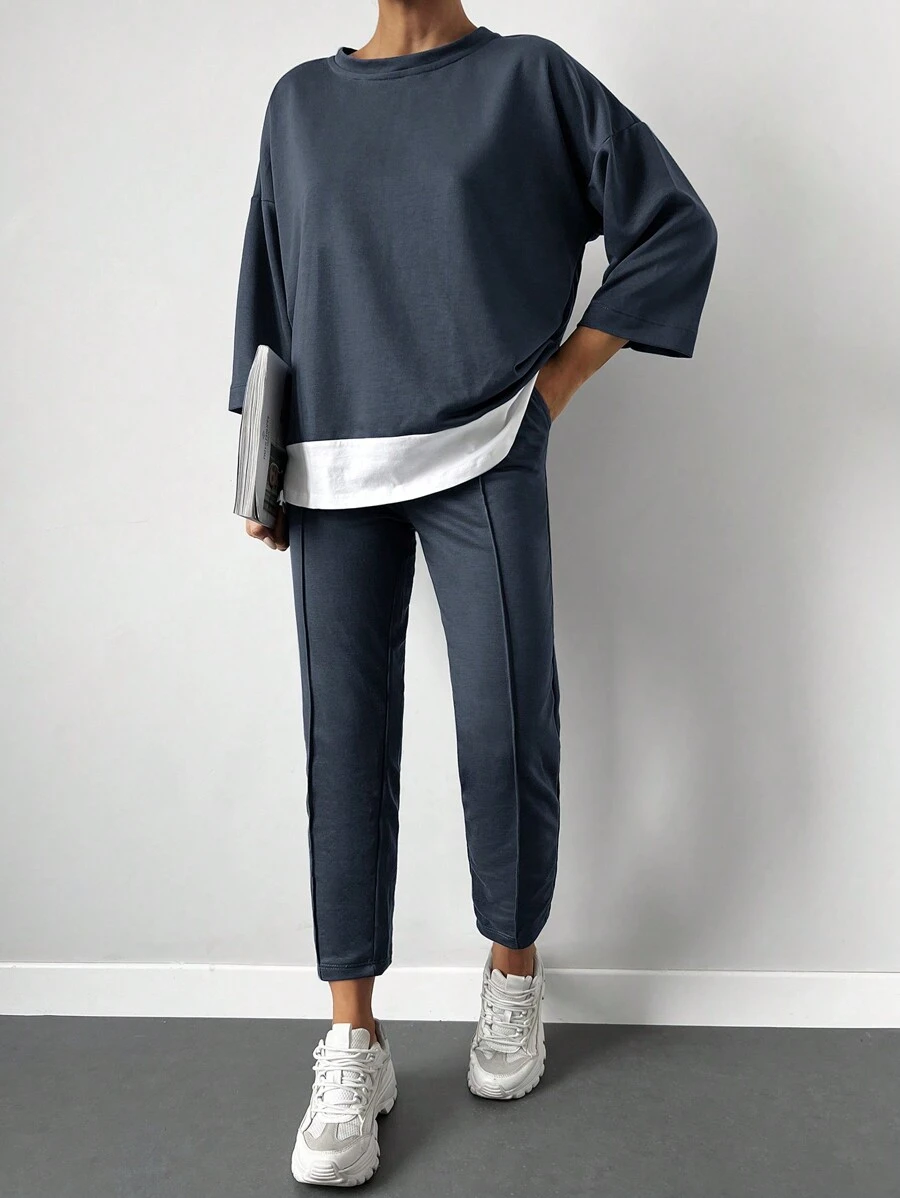 EURMUSE 90% Cotton Drop Shoulder 2 In 1 Tee & Seam Detail Sweatpants - Navy Blue - View 1