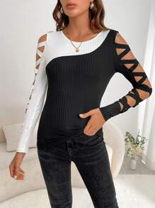 SHEIN Clasi Two Tone Crisscross Cut Out Tee  Asymmetrical Top - Black and White - View 4