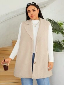 SHEIN EZwear 加翻領泰迪馬甲外套 - 米色 - 查看 6