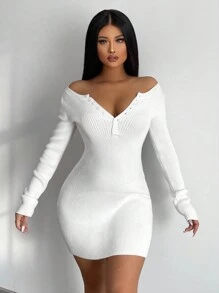 Zolique 一字肩前紐扣緊身毛衣洋裝 - 白色 - 查看 3