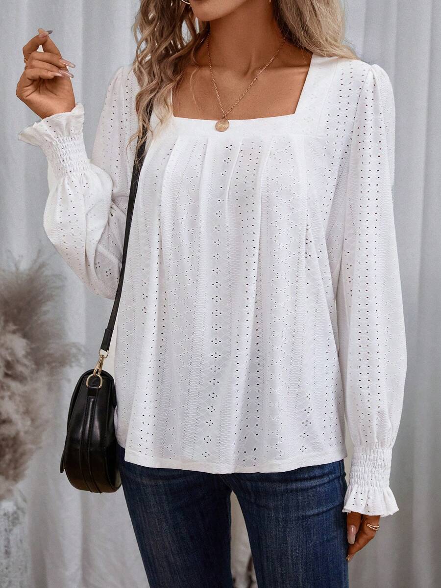 SHEIN VCAY Cổ vuông Schiffy Áo thun - trắng - Xem 1