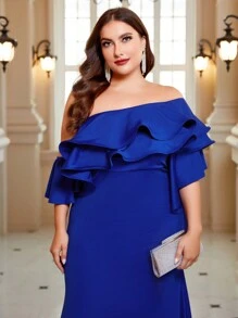 SHEIN Belle 大碼一字肩荷葉邊正式洋裝 - 藍色 - 查看 4