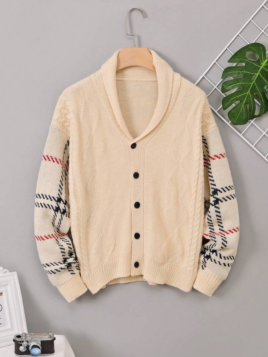 Teen Boy Plaid Pattern Shawl Collar Cable Knit Cardigan