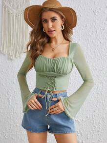 SHEIN VCAY Áo thun có dây buộc phía trước bằng vải xếp - màu xanh lá - Xem 1