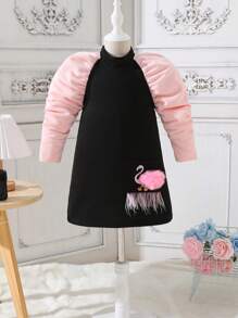 SHEIN 女小童火烈鳥刺繡拼接插肩袖洋裝 - 彩色 - 查看 3