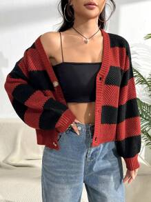 SHEIN Unity 女式V领条纹图案前扣休闲长袖开衫 - 彩色 - 查看 5