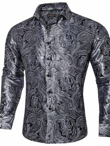 Hombres talla grande Camisa con estampado de paisley con botón - Gris - Ver 3