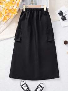 SHEIN 女大童側翻蓋口袋工裝裙 - 黑色 - 查看 1