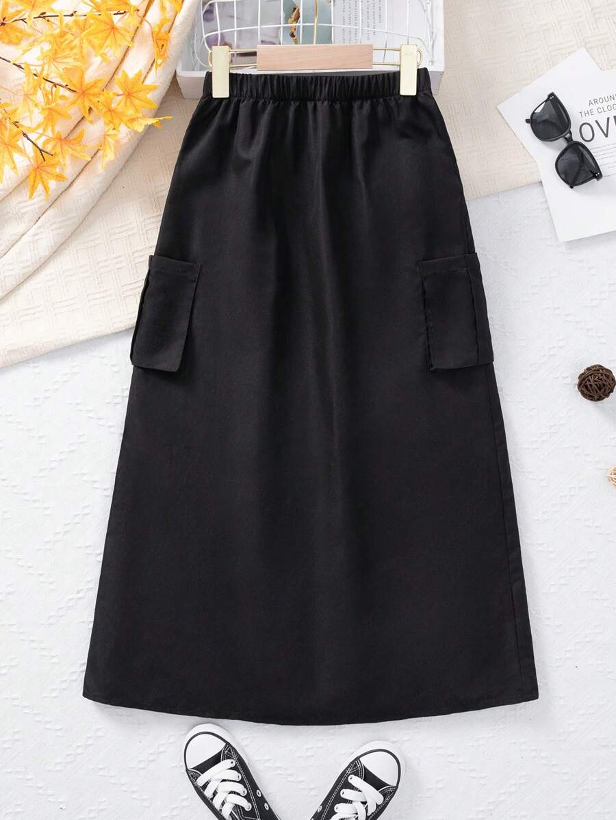 SHEIN 女大童側翻蓋口袋工裝裙 - 黑色 - 查看 1