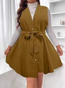Flirla Plus Button Front Belted Dress Without Sweater - Brown - View 1