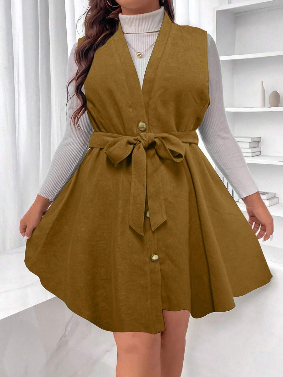 Flirla Plus Button Front Belted Dress Without Sweater - Brown - View 1