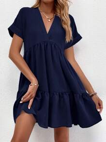 SHEIN LUNE Roll Up Sleeve Ruffle Hem Smock Dress