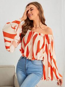 SHEIN Privé Allover Print Off Shoulder Trumpet Sleeve Blouse - Orange - View 5