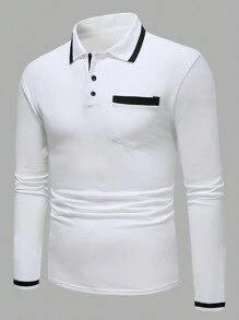 Manfinity Homme Men Contrast Trim Half Button Collar Cotton Color Block White Work Business Casual Golf Polo Shirt, Boyfriend Gift - White - View 4